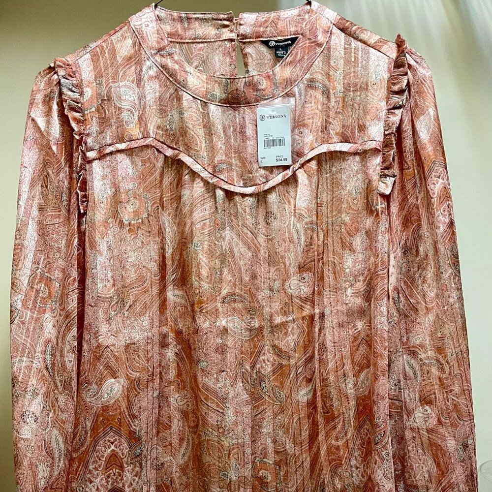 Pink/Peach Paisley Print with light Metallic Gold, long Sleeves Sheer Blouse